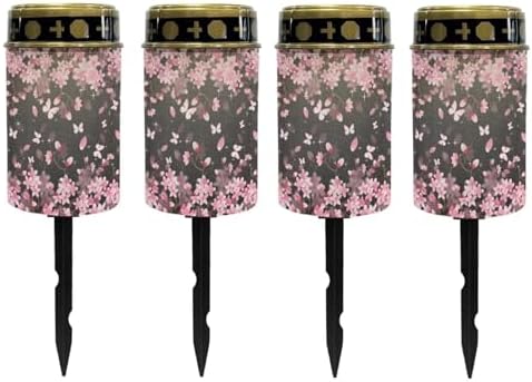 Poceacles Flameless Candle Solar Powered Grave Outdoor Solar Lights Cemetery Candle Lights Fake LED Pillar Candles Outdoor Waterproof Decorative, Peach Blossom Butterfly, Pack of 4 by Poceacles