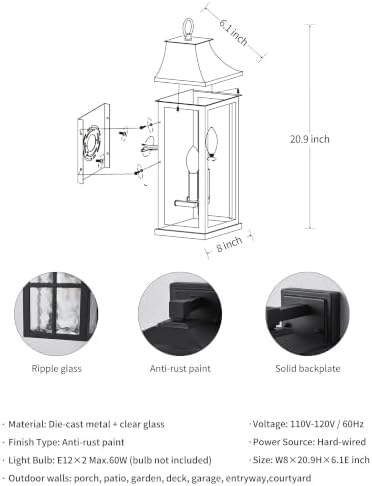 Patio Wall Light Fixtures, Black Waterproof Outdoor Wall Sconce 1pcs - Image 5