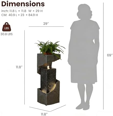 Modern Rectangular Water Fountain Outdoor with LED Lights & Planter Top, 35.4" Tall Resin Cascading Waterfall Feature for Patio Backyard Garden Décor, Outdoor Water Feature - Image 5