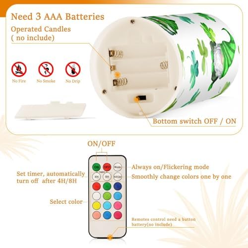 YETTASBIN St.Patrick's Day Gnome Flameless Candles with Remote Control and Timer, Adjustable Brightness Long Lasting Battery Operated LED Pillar Candles for Indoor Outdoor Party Home Decor, 2 Pack - Image 4