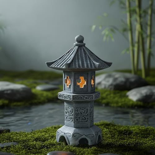 Pagoda Lantern Pagoda Garden Statue, Resin Solar Japanese Lantern, Decorative Zen Garden Landscape for Yard Patio Lawn, Style4 - Image 3