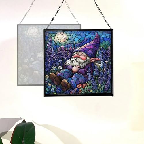 Lavender Rest Gnome Stained Glass Suncatcher – Square Hanging Window Panel for Home or Greenhouse – Whimsical Glass Art Gift for Garden Lovers, Christmas, Halloween, Father Days N6a1Iu - Image 4