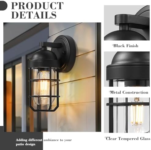 Emliviar Modern Outdoor Wall Light for House Porches, Solid Classic Metal Cage, Retro Charm Exterior Wall Light, Clear Tempered Glass, Black Finish, GE255B BK - Image 2