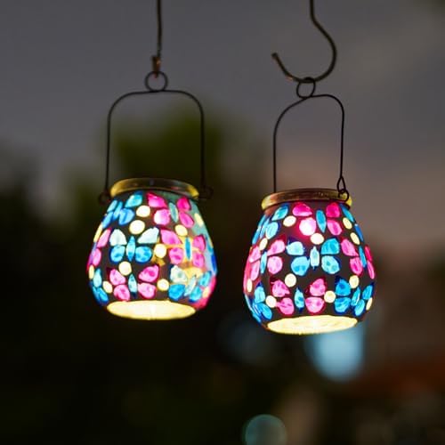 Stargarden 4 Pack Mosaic Solar Lanterns, Glass Hanging Lantern Outdoor - Image 5