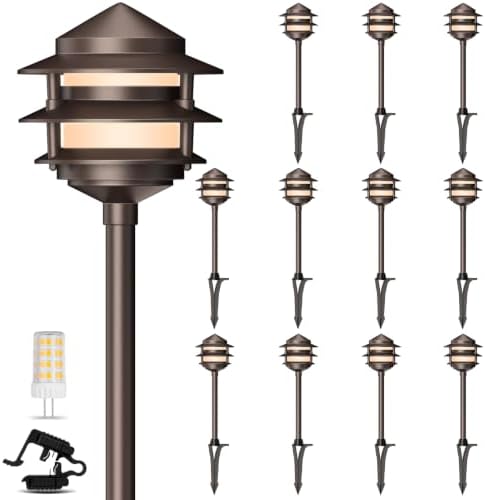 Gardencoin Pagoda Low Voltage Landscape Pathway Lights, 12V Outdoor LED Path Lights Wired, Aluminum Walkway Lighting with 4W 2700K Replaceable G4 Bulb, Bronze Classic 3-Tier Lantern, 12 Pack by Gardencoin