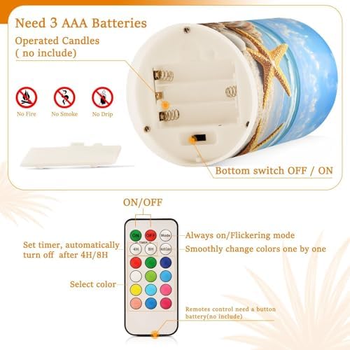 ALAZA Starfish Shells Beach Flameless Candles, LED Pillar Candles with Remote Timer, Battery Operated Candles Set of 2 - Image 6