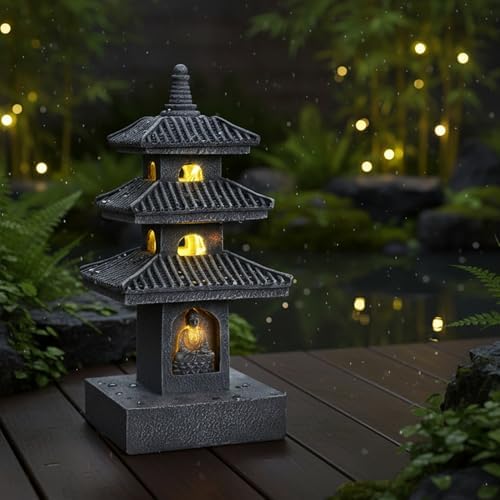 Japanese Lantern Pagoda Garden Statue, 10 Inch Weatherproof Solar Garden Decor, LED Light Zen Japanese Lantern for Backyard Balcony Patio Lawn Yard, Grey - Image 7