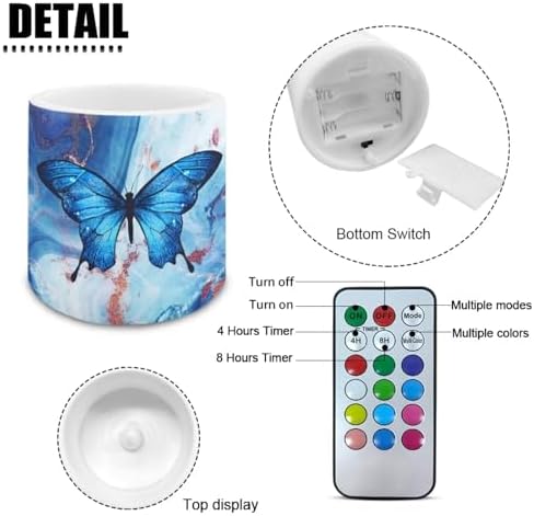 4 Pcs Flameless Votive Candles Battery Operated LED Pillar Candle Tealights Long Lasting with Remote Timer for Indoor Outdoor Coastal Home Decor Butterfly Marble Texture Blue - Image 6
