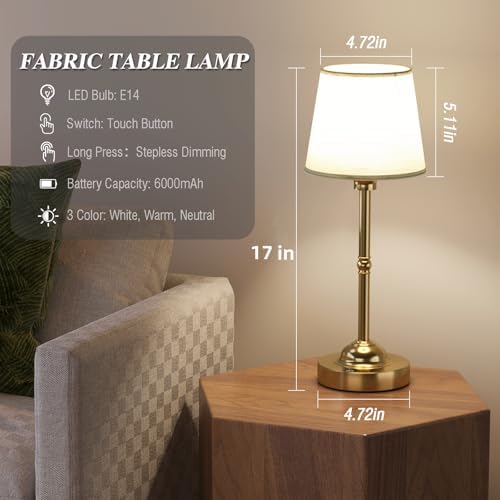 CHLORANTHUS 2 Pack Cordless Table Lamps, 3 Colors Stepless Dimming Fabric Desk Lamp, 6000mAh Rechargeable Battery LED Desk Lamp, Touch Night Light for Bedroom, Dining, Desk, Cafe - Image 3