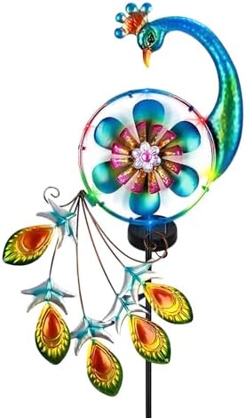 Solar Wind Spinner Peacock Windmill, Outdoor Kinetic Metal Art Sculpture with Jewel Accents, Decorative Peacock Stake Light for Garden, Lawn, Yard by Unknown