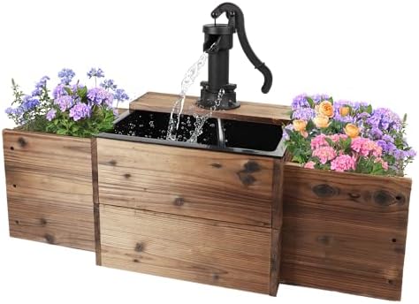 OIPRTGFJ Outdoor Water Fountain,Floor Wooden Rectangular Pump Old-Fashioned Fountain with Flower Box,Electric Decorative Hand Pump, Outdoor Water Feature for Garden Patio Backyard by OIPRTGFJ