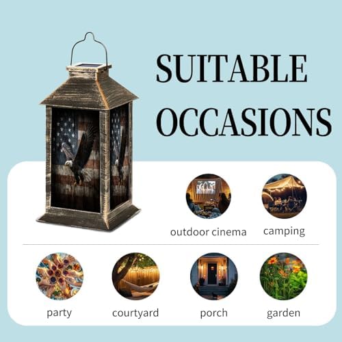 Solar Lantern Cinematic Eagle Gliding Vintage Wooden American Flag Outdoor Waterproof Garden Hanging Lantern Solar Powered Lighting Outside Table Lamp for Patio Deck Camping 1 Pack - Image 5