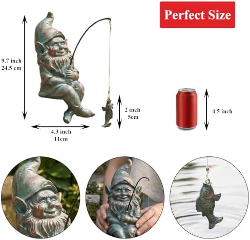 Garden Gnome Pond Statue Decoration, Fishing Copper Gnome Garden Statue Outdoor Koi Pond or Waterfall Decor, 9.7" Gnome Fishing Poolside Statue with Glow in Dark Pebbles Included, Great Gifts for Mom - Image 4