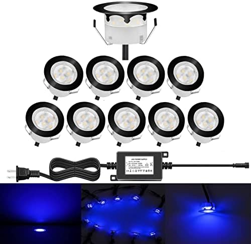 Low Voltage LED Deck Lighting Kit Stainless Steel 1W Waterproof Outdoor Yard Garden Decoration Lamps Landscape Pathway Patio Step Stairs LED In-ground Lights Black Border(10pcs,Blue) by QACALEDOutdoorRecessedDeckLightingKits