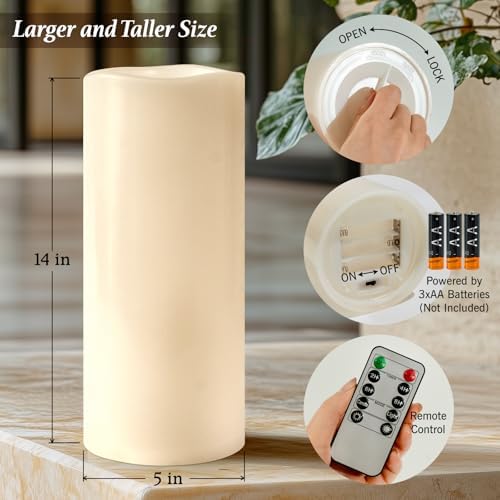 5" x 14" Large Waterproof Outdoor Flameless Candles Battery Operated LED Flickering Pillar Candles with Remote and Timer for Indoor Outdoor Lanterns, Off White, Long Lasting, Set of 2 - Image 3