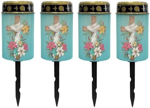 Poceacles Cross Solar Lights Outdoor for Cemetery Grave Decorations, Fake LED Pillar Candles Solar Powered Waterproof Outdoor Stake Lights Grave Markers, Colorful Lily Cross Teal, Pack of 4 by Poceacles
