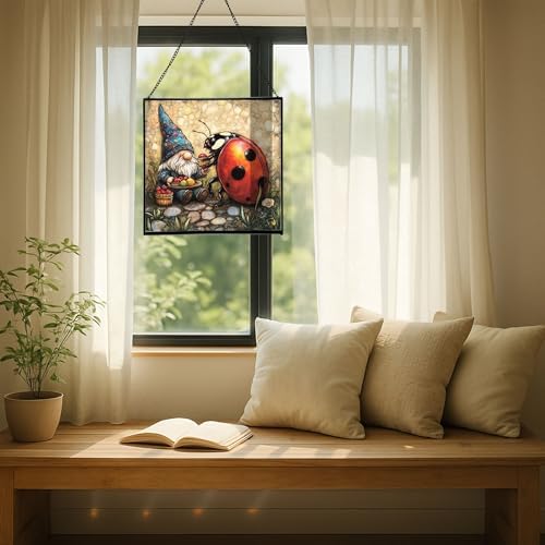 Lady.Bug Picnic Gnome Stained Glass Suncatcher – Square Hanging Window Panel for Home or Greenhouse – Whimsical Glass Art Gift for Garden Lovers, Christmas, Halloween, Father Days Duy7w9 - Image 7