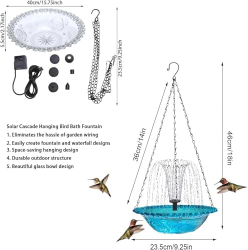 Solar Cascade Hanging Bird Bath Fountain, 3 Layers Hanging Solar Bird Bath Fountain, Large Humming Birds Baths Fountains, Solar Powered Pump for Outdoor Garden Backyard Patio Lawn (D) - Image 6