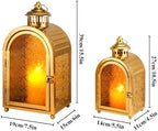 JHY DESIGN 2-Pack Vintage Metal Candle Lanterns with Embossed Amber Orange Glass 15.5'' High Hollow Carved Candle Holder, Portable Hanging Lantern for Home Patio Wedding Holiday Decor（Gold） - Image 2