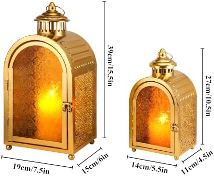JHY DESIGN 2-Pack Vintage Metal Candle Lanterns with Embossed Amber Orange Glass 15.5'' High Hollow Carved Candle Holder, Portable Hanging Lantern for Home Patio Wedding Holiday Decor（Gold） - Image 2