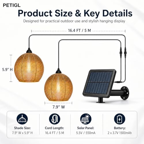 Rattan Solar Lanterns Outdoor, Solar Powered Hanging Lamp with Remote Control, 16.4FT Cord, Warm Outdoor Pendant Light for Patio, Porch, Gazebo, Pergola, Garden (2 Pcs Grey) - Image 5
