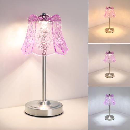 Shenmoyl Cordless Touch Table Lamp with 5200mAh Battery - 3 Adjustable Color Temperatures & Dimmable, Rechargeable Desk Lamp for Bedroom, Living Room, Office, Entryway, Bookshelves (Clear Purple Rose) by Shenmoyl