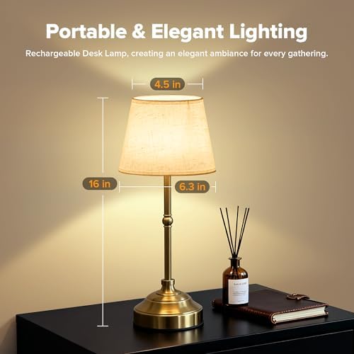 Cordless Table Lamp, Rechargeable Desk Lamp with Fabric Shade, 5400mAH Battery Operated 3 Color Stepless Dimming, Portable Touch Bedside Lamp Home Decor for Dining, Counter (Brushed Gold) - Image 3