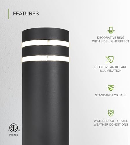 ASD 24" Round Bollard Light Fixture, Outdoor Pathway Floor Lamp | Antiglare, Waterproof, ETL Listed | 60W E26 Bulb Socket 120V | Landscape Hardwired Lighting, Exterior Post Lantern | Black, 4 Pack - Image 3