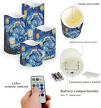 Battery Operated Candles with Remote Timer Flameless Candles Tea Lights Color Changing Electric Fake Plastic Pillar LED Candles Outdoor Home Room Decor Set of 4 Starry Sky Oil Painting - Image 3