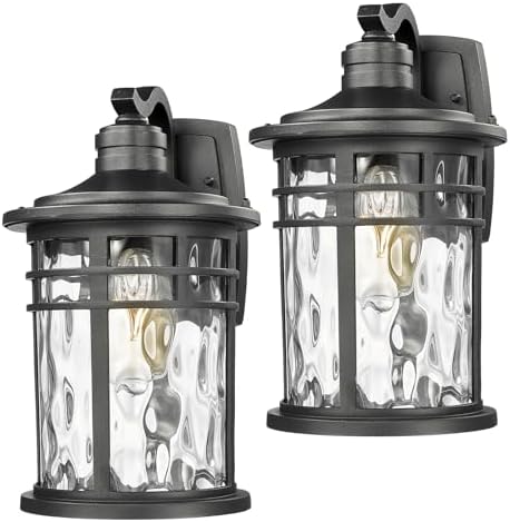 Darkaway 2pcs Large Outdoor Porch Lights Wall Mount, 15inch Outside Light Fixtures Sconces Wall Lighting with Water Ripple Glass Waterproof Exterior Lights for Patio Yard Garage by Darkaway