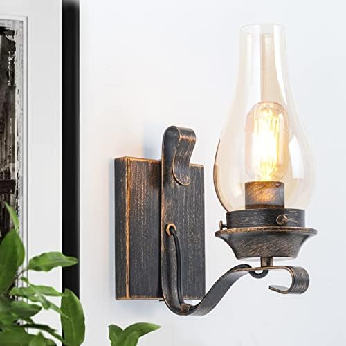 Yisuro Hardwired Wall Sconce,Oil Rubbed Bronze Hardwired Wall Sconce Indoor, Retro Rustic Wall Lamps with Amber Glass,Vintage Bedside Sconces Wall Lighting for Living Room Bathroom by YISURO