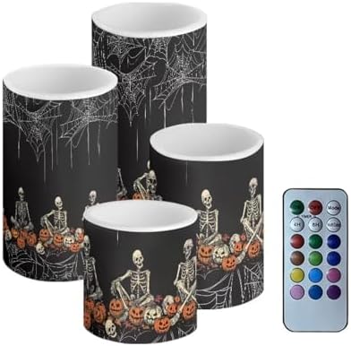 Halloween Skeleton Pumpkin Battery Operated LED Candles with Timer Flameless Candles with Remote 4Pcs Outdoor Lanterns Indoor Outdoor Trick or Treat Party Home Decorations by Merkmak