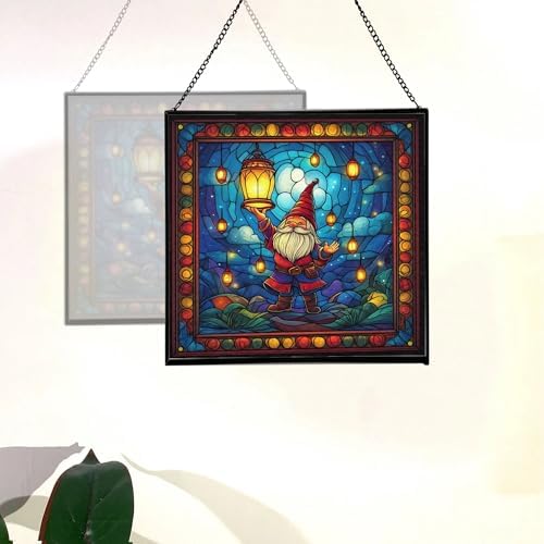 Lantern Festival Gnome Stained Glass Suncatcher – Square Hanging Window Panel for Home or Greenhouse – Whimsical Glass Art Gift for Garden Lovers, Christmas, Halloween, Father Days GMYY93 - Image 4