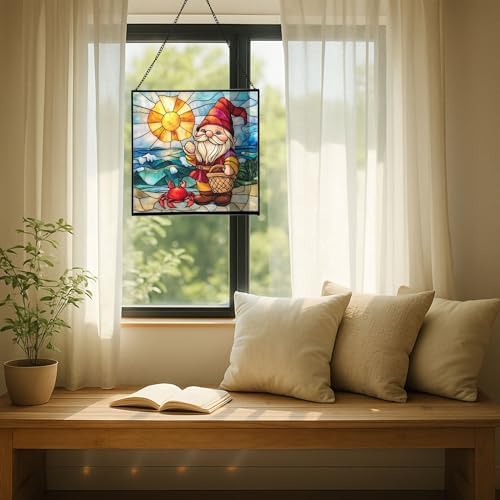Coastal Gnome Day Stained Glass Suncatcher – Square Hanging Window Panel for Home or Greenhouse – Whimsical Glass Art Gift for Garden Lovers, Christmas, Halloween, Father Days MDrNXL - Image 7