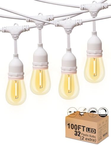 Outdoor String Lights LED White 100FT Patio Lights String with 32 1W Dimmable Shatterproof Bulbs for Wedding Pergola Gazebo Bistro Outdoor by Meidaoduo