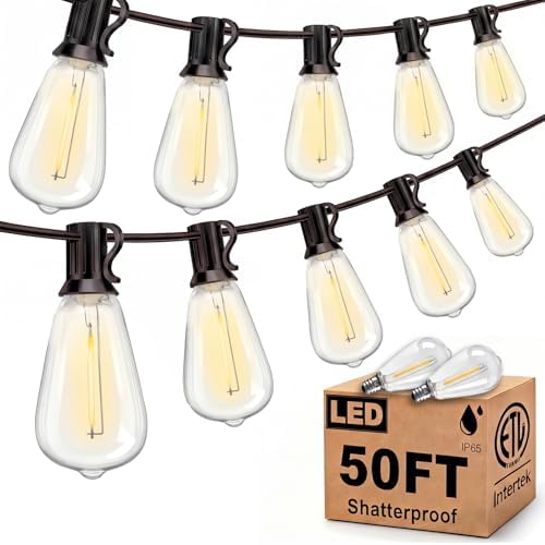 LED Outdoor String Lights 50FT Edison Lights with 27 ST38 Shatterproof Bulbs, Outside Hanging Lights Waterproof for Patio, Porch, Deck, Garden, Balcony, 2700K Warm White, Dimmable by Doratale