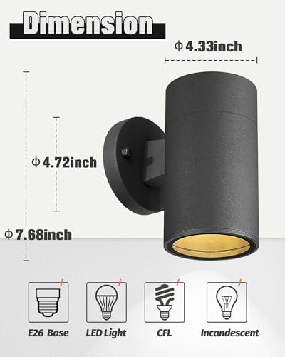 Ken & Ricky Modern Aluminum Outdoor Wall Sconce Lights,Cylinder，Black,2PK - Image 5