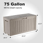 75 Gallon Waterproof Resin Deck Box, UV Resistant Outdoor Storage for Garden, Patio, Porch, Delivery（Grey，75 Gallon） - Image 2