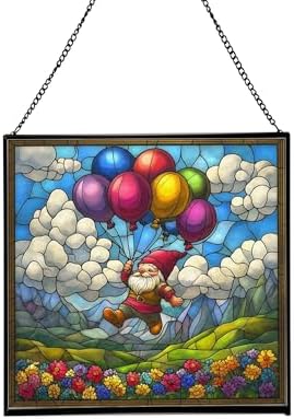 Balloon Flight Gnome Stained Glass Suncatcher – Square Hanging Window Panel for Home or Greenhouse – Whimsical Glass Art Gift for Garden Lovers, Christmas, Halloween, Father Days RCJoS8 by Custom
