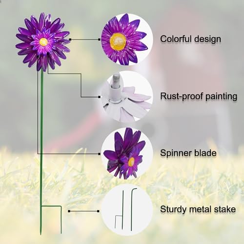 Metal Flower Wind Spinner Garden Stake Yard Art, Lawn Windmill Ornaments - Image 5