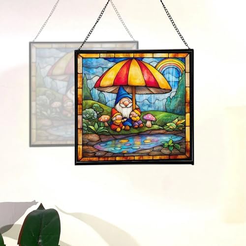 Gnome with Umbrella Stained Glass Suncatcher – Square Hanging Window Panel for Home, Garden, Nursery, Halloween, Christmas, Memorial Day – Whimsical Glass Art Gift for Gnome Lovers h4vwi8 - Image 4