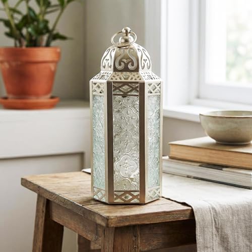 Vela Lanterns Decorative Indoor Moroccan Candle Holder, White Gold, M, 2PK - Image 2