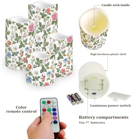 Rose Green Leaves Flameless LED Candles with Remote Timer Electric Fake Candle Color Changing Pillar Candles Battery Operated for Table Centerpiece Home Indoor Wedding Decoration Set of 4 - Image 3