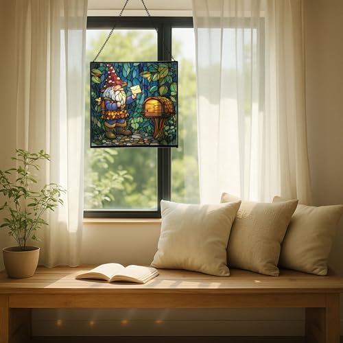 Gnome Mail Delivery Stained Glass Suncatcher – Square Hanging Window Panel for Home or Greenhouse – Whimsical Glass Art Gift for Garden Lovers, Christmas, Halloween, Father Days HyLaaA - Image 7