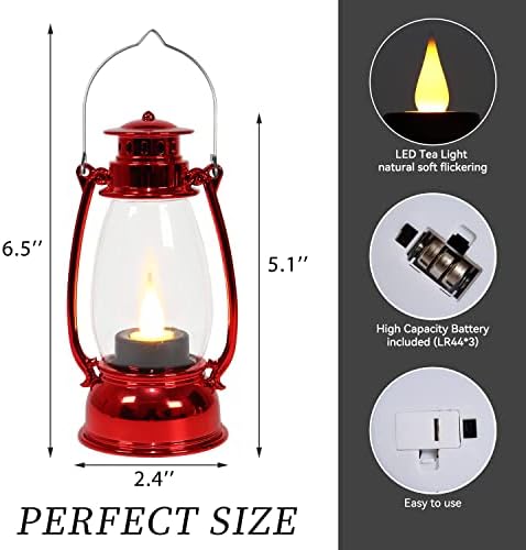 Red Mini Lanterns(12 Pcs-5.1in) with Flickering LED Candle Lights, Vintage Small Western Lanterns for Table Centerpiece, Indoor & Outdoor Christmas Tree Ornaments, Camping Party Decorations - Image 6