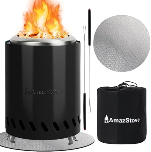 9.7 x 7.1 Inch Tabletop Fire Pit by AmazStove, Low Smoke Camping Stove for Outdoor Safe Burning Firepits, Fueled Pellets or Wood, Travel Bag Included (Black, 9.7 x 7.1 INCH) by AmazStove