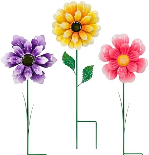 3pcs 18inch Metal Flower Decorative Garden Stakes & Wind Spinner for Outdoor, Colorful Yard Art Garden Decorations for Outside Lawn Porch Pathway Patio. by VinSees