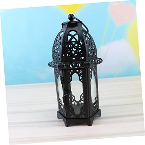 Xmas Iron Candle Lantern 2pcs Black Glass Hanging Moroccan Decor - Image 6