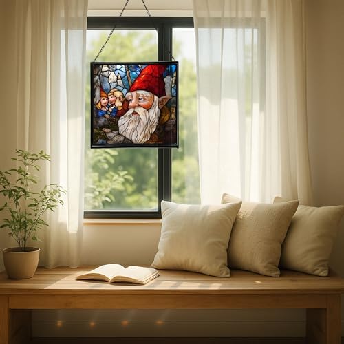 Gnome with Wisdom Sharing Stained Glass Suncatcher – Square Hanging Window Panel for Home, Garden, Nursery, Halloween, Christmas, Memorial Day – Whimsical Glass Art Gift for Gnome Lovers 19170m - Image 7