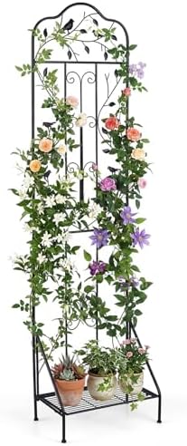 Giantex Metal Garden Trellis for Climbing Plants, 75" x 20" Outdoor Rose Trellis w/Foldable Bottom Shelf, Freestanding Plant Support for Vines, Flowers, Vegetables & Fruits, Patio Lawn Garden, Black by Giantex